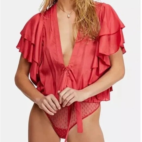 Intimately Free People Boho Ruffle Red Thong Body Suit Size XS - Picture 1 of 10
